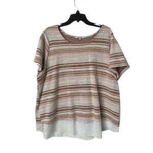 Womens Knit Top Size 2X Green Envelope USA Brown Striped Short Sleeve Sheer Hem